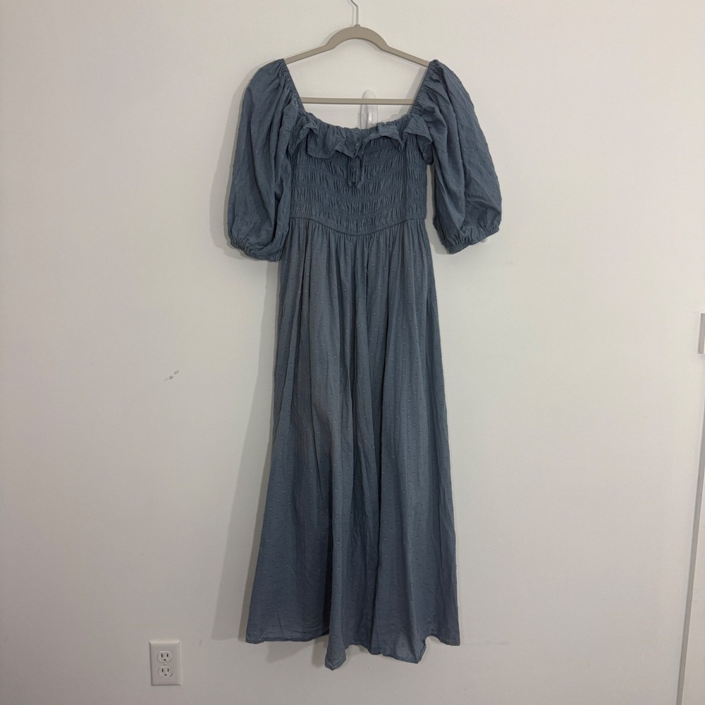 Womens Maxi Dress Large Blue Swiss Dot Cottagecore Prairie Smocked Puff Sleeve